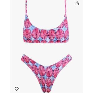 VOLAFA Women's Triangle Bikini Set Smocked Textured Scoop Frilled Print
